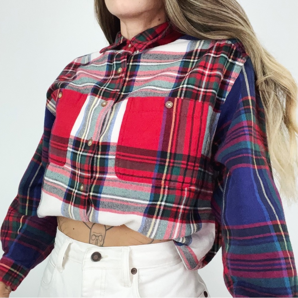 Vintage Colorblock Plaid Button-Front Top | Size S
